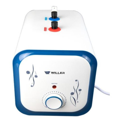 Водонагрівач Willer PU10RF Cubus, White/Blue, 1500W, 10л, мокрий ТЕН, горизонтальний, механічне керування, під мийкою, прямокутний, подача води зверху, зовнішній терморегулятор, В, 25.1x25.1х38.6см