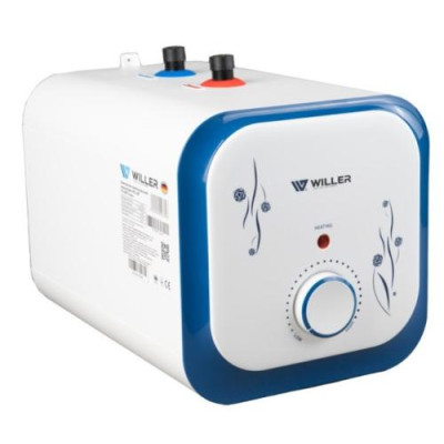 Водонагрівач Willer PU10RF Cubus, White/Blue, 1500W, 10л, мокрий ТЕН, горизонтальний, механічне керування, під мийкою, прямокутний, подача води зверху, зовнішній терморегулятор, В, 25.1x25.1х38.6см