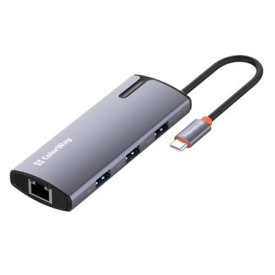 Хаб USB ColorWay "6-in-1", Grey, Type-C 3.0 - 3xUSB 3.0/1xUSB 2.0/GLan/1xType-C (100 Вт), кабель 17 см, алюмінієвий корпус (CW-HUB03)