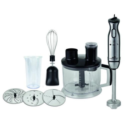 Блендер Monte MT-1910, Black/Inox, 1000W, понурювальний, 2 швидкості з плавним регулюванням, мірна склянка 600 мл з кришкою, велика чаша подрібнювач 1750 мл, 3 диски, ніжка з нержавіючої сталі, вінчик