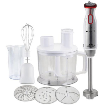 Блендер Monte MT-1910 W, White/Inox, 1000W, понурювальний, 2 швидкості з плавним регулюванням, мірна склянка 600 мл з кришкою, велика чаша подрібнювач 1750 мл, 3 диски, ніжка з нержавіючої сталі, вінчик