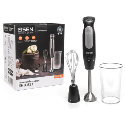 Блендер Eisen EHB-631, Black, 600W, занурювальний, 3 швидкості з плавним регулюванням, склянка 800мл, вінчик