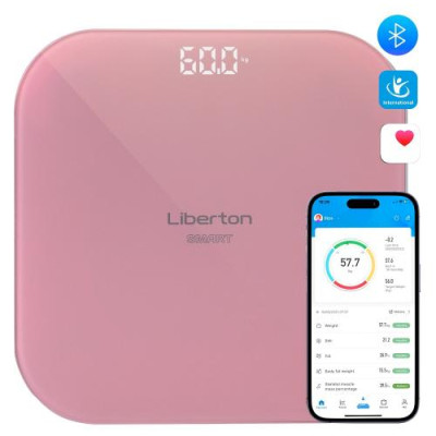 Ваги підлогові Liberton LBS-0812 SMART, Pink, LCD-дисплей, синхронизація по Bluetooth, максимальна вага 180кг, точність вимірювання 100г, матеріал поверхні ударостійке скло, індикатор заряду, індикатор перевантаження, живлення 3*AAA (у комплекті)