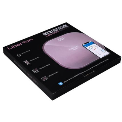 Ваги підлогові Liberton LBS-0812 SMART, Pink, LCD-дисплей, синхронизація по Bluetooth, максимальна вага 180кг, точність вимірювання 100г, матеріал поверхні ударостійке скло, індикатор заряду, індикатор перевантаження, живлення 3*AAA (у комплекті)