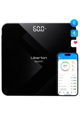 Ваги підлогові Liberton LBS-0818 SMART, Black, LCD-дисплей, синхронизація по Bluetooth, максимальна вага 180кг, точність вимірювання 100г, матеріал поверхні ударостійке скло, індикатор заряду, індикатор перевантаження, живлення 3*AAA (у комплекті)