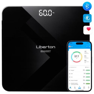 Ваги підлогові Liberton LBS-0818 SMART, Black, LCD-дисплей, синхронизація по Bluetooth, максимальна вага 180кг, точність вимірювання 100г, матеріал поверхні ударостійке скло, індикатор заряду, індикатор перевантаження, живлення 3*AAA (у комплекті)