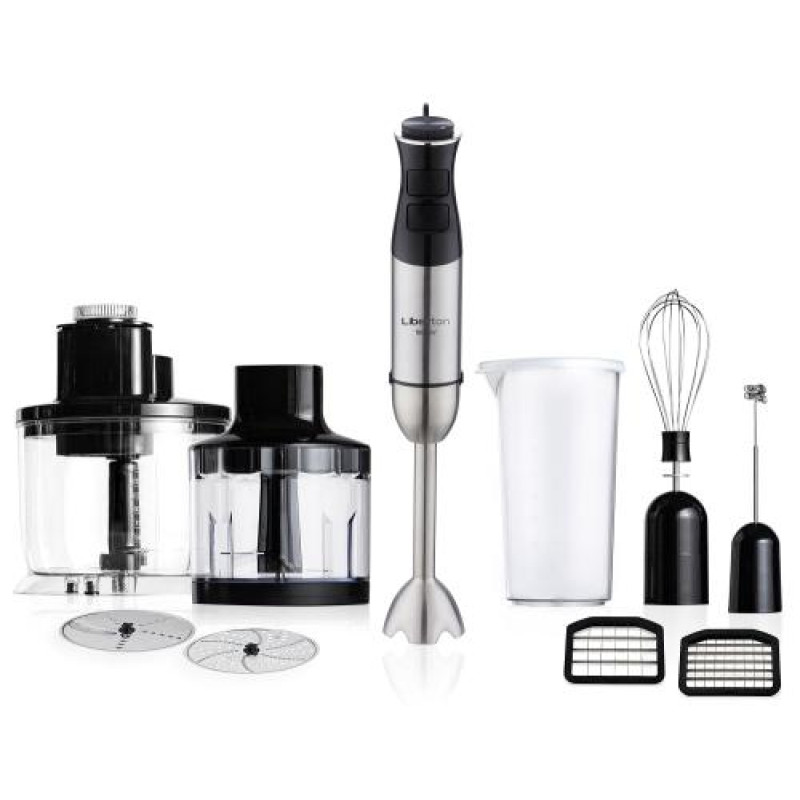 Блендер Liberton LHB-0313, Black/Inox, 1500W, занурювальній, плавне рег швидкості, вінчик, мірний стакан 600мл, подрібнювач 400мл, мультиподрібнювач 2л, 2 диски, спінювач молока, 2 насадки для нарізання кубиками