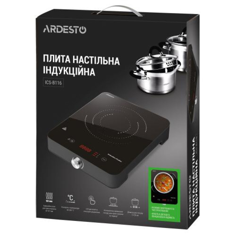 Настільна плита Ardesto ICS-B116, Black, 1800W, індукційна, сенсорне керування, 1 конфорка 19см, загартоване скло, дисплей, таймер, контроль температури 60-240 °С