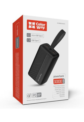 Універсальна мобільна батарея 30000 mAh, ColorWay, Black, 22.5 Вт, 2xUSB (QC4.0) / 1xType-C (PD3.0), LED індикатор (CW-PB300LPC2BK-PD)