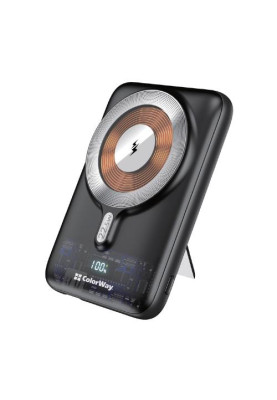 Універсальна мобільна батарея 10000 mAh, ColorWay, Black, 22.5 Вт, Type-C (PD3.0) / USB (QC3.0), бездротова зарядка (15 Вт), вбудований неодимовий магніт (CW-PB100LPA3BK-WPDD)