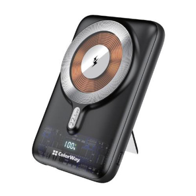 Універсальна мобільна батарея 10000 mAh, ColorWay, Black, 22.5 Вт, Type-C (PD3.0) / USB (QC3.0), бездротова зарядка (15 Вт), вбудований неодимовий магніт (CW-PB100LPA3BK-WPDD)