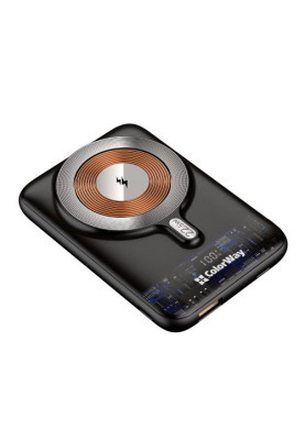 Універсальна мобільна батарея 10000 mAh, ColorWay, Black, 22.5 Вт, Type-C (PD3.0) / USB (QC3.0), бездротова зарядка (15 Вт), вбудований неодимовий магніт (CW-PB100LPA3BK-WPDD)