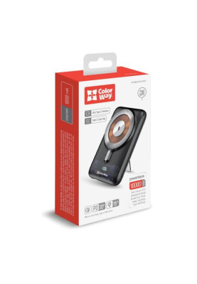 Універсальна мобільна батарея 10000 mAh, ColorWay, Black, 22.5 Вт, Type-C (PD3.0) / USB (QC3.0), бездротова зарядка (15 Вт), вбудований неодимовий магніт (CW-PB100LPA3BK-WPDD)