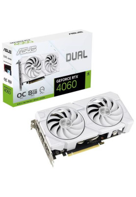 Відеокарта GeForce RTX 4060, Asus, DUAL EVO OC (White Edition), 8Gb GDDR6, 128-bit, HDMI/3xDP, 2535/17000 MHz, 8-pin (DUAL-RTX4060-O8G-EVO-WHITE)