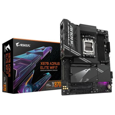 Материнська плата AM5 Gigabyte X870 AORUS ELITE WIFI7, X870, 4xDDR5, Int.Video (CPU), 4xSATA3, 3xM.2, 1xPCI-E 16x 5.0, 2xPCI-E 16x, Realtek 2.5GbE, WiFi 7, Bluetooth 5.4, 8xUSB3.2/6xUSB2.0, 3xType-C, HDMI, ATX