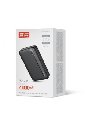 Універсальна мобільна батарея 20000 mAh, ColorWay, Black, 22.5 Вт, 1xType-C (PD3.0) / 2xUSB (QC4.0), LED індикатор заряду (CW-PB200LPA4BK-PD)