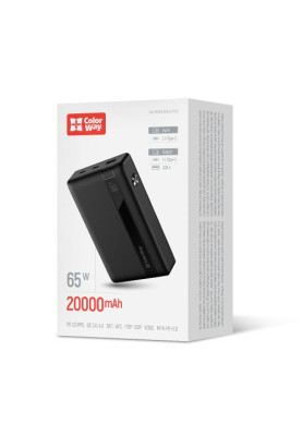 Універсальна мобільна батарея 20000 mAh, ColorWay, Black, 65 Вт, 2xType-C (PD3.0) / 1xUSB (QC4.0), цифровий LED дисплей (CW-PB200LPA3BK-PDD)