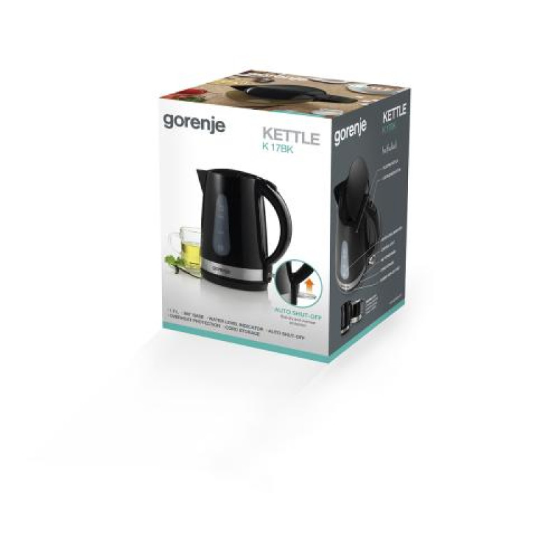 Електрочайник Gorenje K17BK, Black, 2200W, дисковий, об'єм 1.7л, підсвічування індикатора роботи, індикатор рівня води