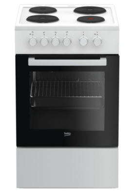 Плита електрична Beko FSS56000GW, White, варильна поверхня з духовкою, механічне, 4 чавунні конфорки, об'єм духовки 60 л, верхній нагрів, нижній нагрів, освітлення, 85x50x60 см
