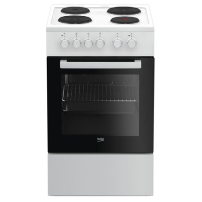 Плита електрична Beko FSS56000GW, White, варильна поверхня з духовкою, механічне, 4 чавунні конфорки, об'єм духовки 60 л, верхній нагрів, нижній нагрів, освітлення, 85x50x60 см