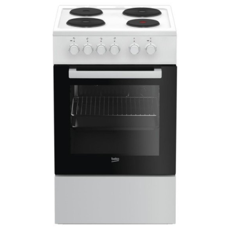 Плита електрична Beko FSS56000GW, White, варильна поверхня з духовкою, механічне, 4 чавунні конфорки, об'єм духовки 60 л, верхній нагрів, нижній нагрів, освітлення, 85x50x60 см