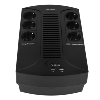 Джерело безперебійного живлення LogicPower 650VA-6PS 455 Вт, 6 розеток, AVR, 2xUSB Type-A, чорний пластиковий корпус (650VA-6PS)