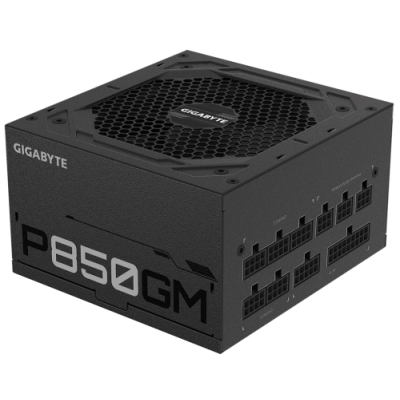 Блок живлення 850 Вт, Gigabyte P850GM, Black, модульний, 120 мм (HYB), Active PFC, 80 Plus Gold, MB: 20+4 pin, CPU: 4+4 pin, VGA: 4 x 6+2 pin, 3xMolex / 1xFDD/ 8xPOP/ (GP-P850GM)