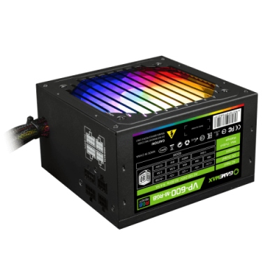 Блок живлення 600 Вт, GameMax VP-600 RGB, Black, напівмодульний, 80+ Bronze, Active PFC, 12 см, 3xMolex / 5xSATA / 2x2+6-pin / 1x4+4-pin / 1x20+4-pin, захист OVP / UVP / OCP / OLP / OPP / SCP (VP-600-M-RGB)