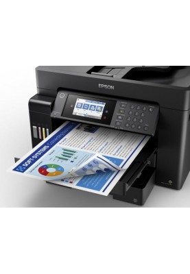 БФП струменевий кольоровий A3+ Epson L15160, Black, WiFi, 4800х2400 dpi, до 32/32 стор/хв, факс, дуплекс, РК-екран 10.9 см, CardReader, USB / Lan, вбудоване СБПЧ, чорнило Epson 112 (C11CH71404)