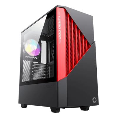 Корпус GameMax Contac COC BR Black/Red, Midi Tower, без БЖ, для EATX / ATX / Micro ATX / Mini ITX, 2xUSB 3.0, 1x120/1x140 мм ARGB Fan, 1xCOC Turbo Fan, бічна панель із загартованого скла, 438x210x468 мм