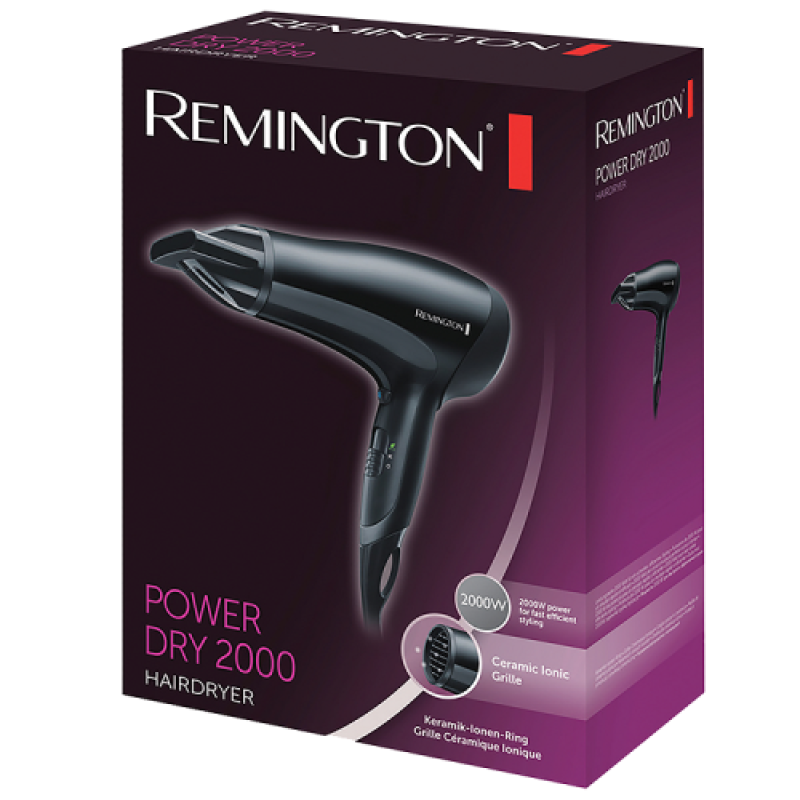 Фен Remington D3010, Black, 2000W, 3 режими, 2 швидкості, подача холодного повітря