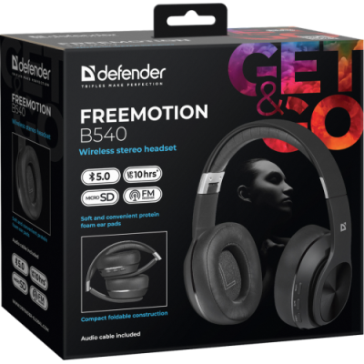Навушники бездротові Defender FreeMotion B540, Black, Bluetooth, мікрофон, microSD, FM-приймач, до 12 години (63540)
