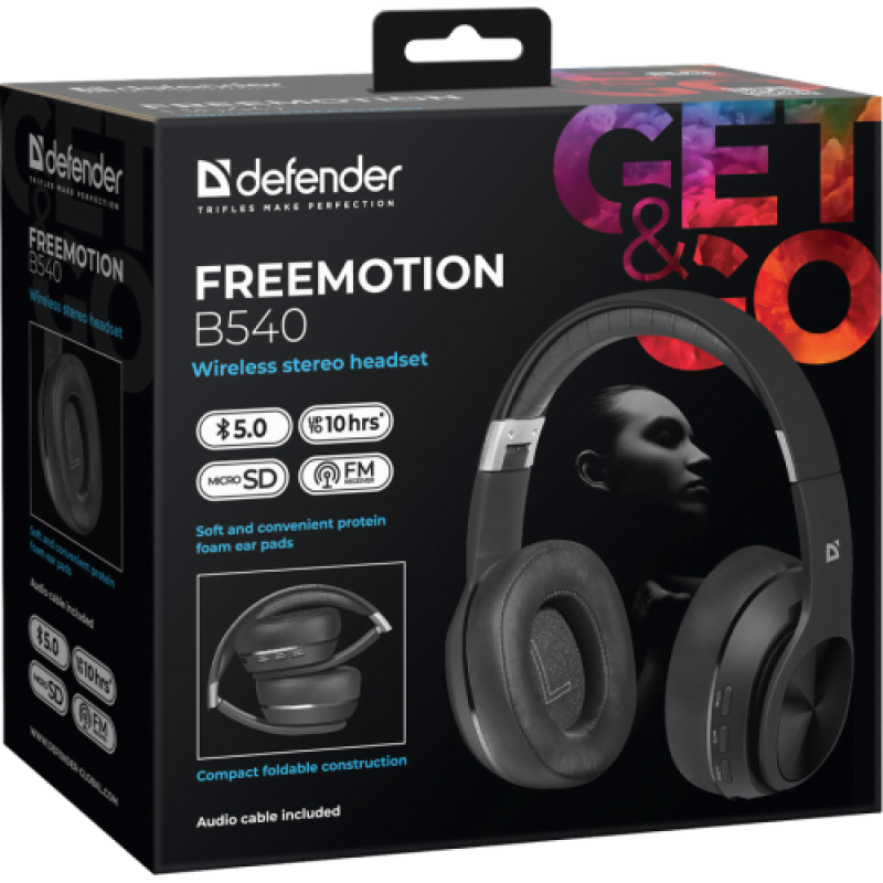 Навушники бездротові Defender FreeMotion B540, Black, Bluetooth, мікрофон, microSD, FM-приймач, до 12 години (63540)