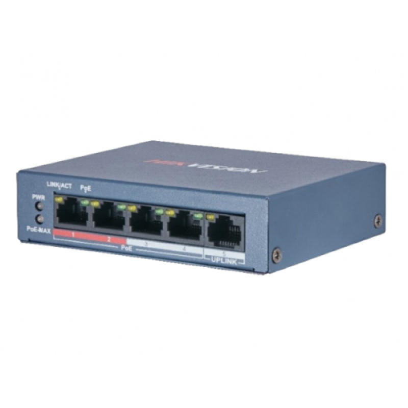 Комутатор PoE Hikvision DS-3E0105P-E/M(B), 4x10/100 PoE, 1хRJ45 Uplink, 105х83х28 мм, Black