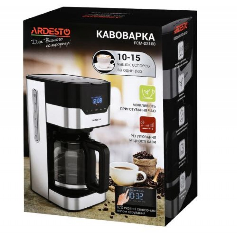 Кавоварка Ardesto FCM-D3100, Black/Silver, 900W, крапельна, 1.5л, дисплей, таймер, рег. міцності