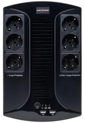 Джерело безперебійного живлення LogicPower LP-850VA-6PS Black, 850 ВА, 595 Вт, лінійно-інтерактивний, AVR, 6 розетки (Schuko), USB Type-A x 2, батарея 12В/8Аг x 1 шт, пластиковий корпус