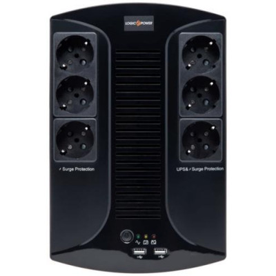 Джерело безперебійного живлення LogicPower LP-850VA-6PS Black, 850 ВА, 595 Вт, лінійно-інтерактивний, AVR, 6 розетки (Schuko), USB Type-A x 2, батарея 12В/8Аг x 1 шт, пластиковий корпус
