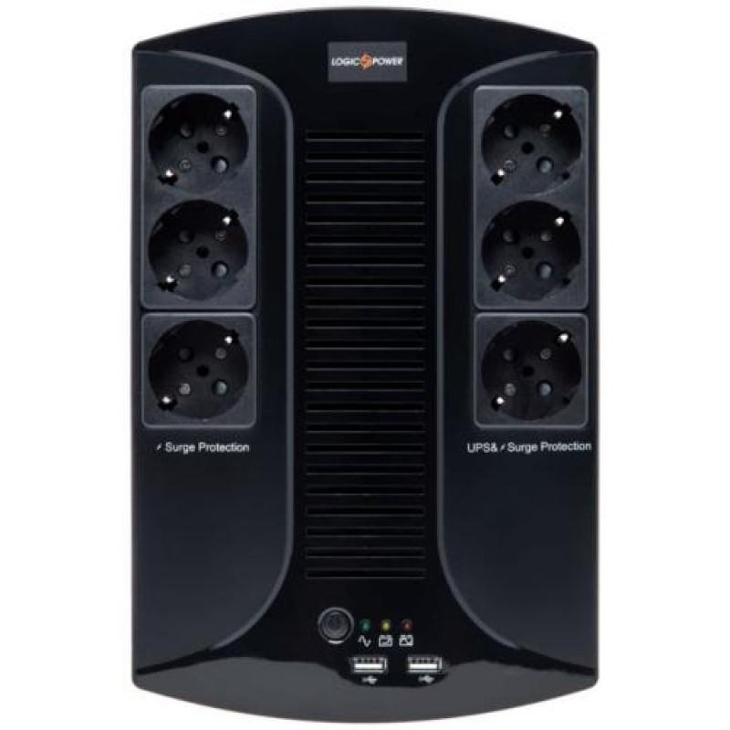 Джерело безперебійного живлення LogicPower LP-850VA-6PS Black, 850 ВА, 595 Вт, лінійно-інтерактивний, AVR, 6 розетки (Schuko), USB Type-A x 2, батарея 12В/8Аг x 1 шт, пластиковий корпус