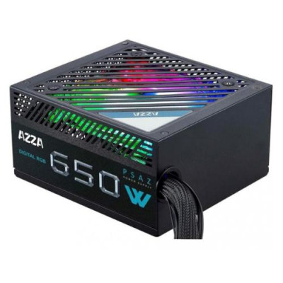 Блок живлення 650 Вт, AZZA, Black, 80+ Bronze, 12 см ARGB, 2xMolex / 5xSATA / 2x6+2-pin / 1x20+4-pin / 1x4+4-pin, захист UVP/OVP/OPP/OCP/SCP (PSAZ-650W(ARGB))