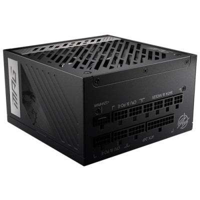 Блок живлення 850 Вт, MSI MPG A850G PCIE5, Black, модульний, 80+ Gold, Active PFC, 13.5 см, 8xSATA / 4xMolex / 6x6+2-pin + 1x16-pin / 2x4+4-pin / 1x20+4-pin, захист: OCP/OVP/OPP/OTP/SCP/UVP
