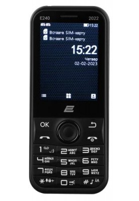 Мобільний телефон 2E E240 2022, Black, Dual Sim (Mini-SIM), 2G, 2.4'' (TN, 240x320, 262 000 кольорів), 32Mb, microSD, FM-радіо, Bluetooth, LED ліхтарик, microUSB, 1000 mAh (4L), 94 г (688130245159)