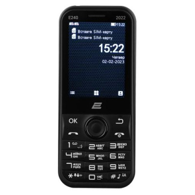 Мобільний телефон 2E E240 2022, Black, Dual Sim (Mini-SIM), 2G, 2.4'' (TN, 240x320, 262 000 кольорів), 32Mb, microSD, FM-радіо, Bluetooth, LED ліхтарик, microUSB, 1000 mAh (4L), 94 г (688130245159)