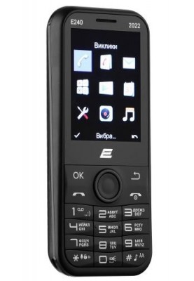 Мобільний телефон 2E E240 2022, Black, Dual Sim (Mini-SIM), 2G, 2.4'' (TN, 240x320, 262 000 кольорів), 32Mb, microSD, FM-радіо, Bluetooth, LED ліхтарик, microUSB, 1000 mAh (4L), 94 г (688130245159)