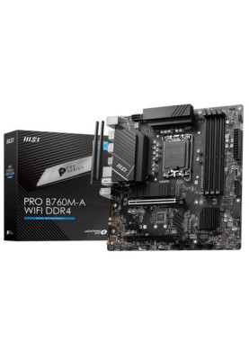 Материнська плата LGA1700, MSI PRO B760M-A WIFI DDR4, B760, 4xDDR4, Int.Video(CPU), 4xSATA3, 2xM.2, 2xPCI-E 16x 4.0, 1xPCI-E 1x 3.0, ALC897, RTL8125BG, WiFi6, Bluetooth 5.3, 9xUSB3.2/6xUSB2.0, 2xHDMI/2xDP, MicroATX