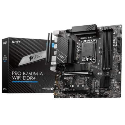Материнська плата LGA1700, MSI PRO B760M-A WIFI DDR4, B760, 4xDDR4, Int.Video(CPU), 4xSATA3, 2xM.2, 2xPCI-E 16x 4.0, 1xPCI-E 1x 3.0, ALC897, RTL8125BG, WiFi6, Bluetooth 5.3, 9xUSB3.2/6xUSB2.0, 2xHDMI/2xDP, MicroATX