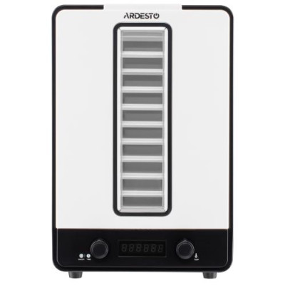 Сушарка овочів та фруктів Ardesto FDB-1138, White, 550W, керування механічне з відображенням режимів на дисплеї, 10 лотків + 1 решітка, таймер 1-48год, діаметр сушильного піддону 23см, діапазон температур 40-70°C, захист від перегріву