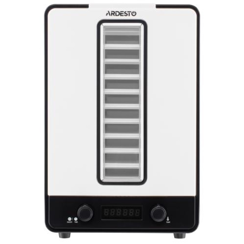 Сушарка овочів та фруктів Ardesto FDB-1138, White, 550W, керування механічне з відображенням режимів на дисплеї, 10 лотків + 1 решітка, таймер 1-48год, діаметр сушильного піддону 23см, діапазон температур 40-70°C, захист від перегріву