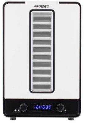 Сушарка овочів та фруктів Ardesto FDB-1138, White, 550W, керування механічне з відображенням режимів на дисплеї, 10 лотків + 1 решітка, таймер 1-48год, діаметр сушильного піддону 23см, діапазон температур 40-70°C, захист від перегріву