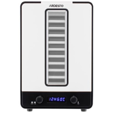 Сушарка овочів та фруктів Ardesto FDB-1138, White, 550W, керування механічне з відображенням режимів на дисплеї, 10 лотків + 1 решітка, таймер 1-48год, діаметр сушильного піддону 23см, діапазон температур 40-70°C, захист від перегріву
