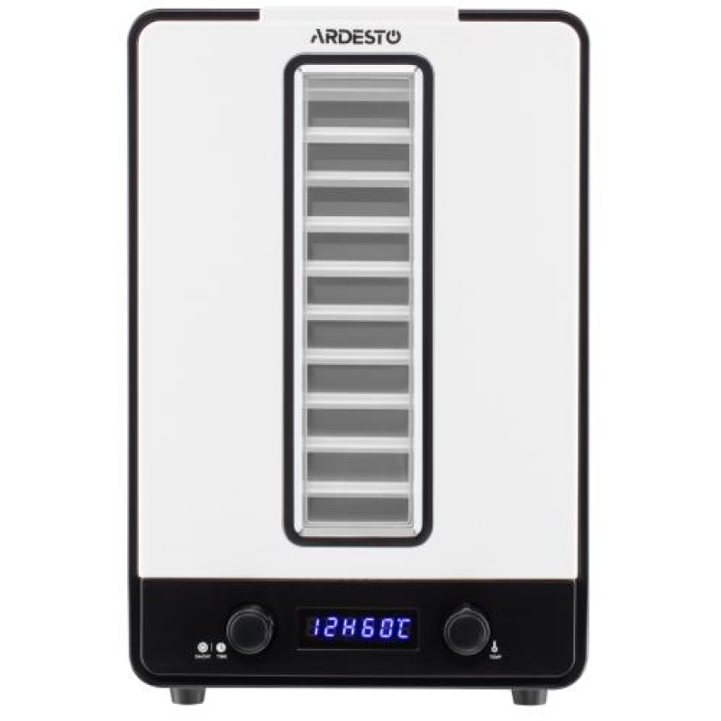 Сушарка овочів та фруктів Ardesto FDB-1138, White, 550W, керування механічне з відображенням режимів на дисплеї, 10 лотків + 1 решітка, таймер 1-48год, діаметр сушильного піддону 23см, діапазон температур 40-70°C, захист від перегріву